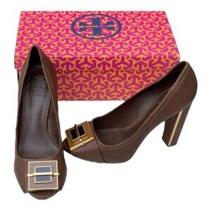 Tory Burch Peep Toe Quentin Landed Capra Fig Brown Leather Heels Size 8.5